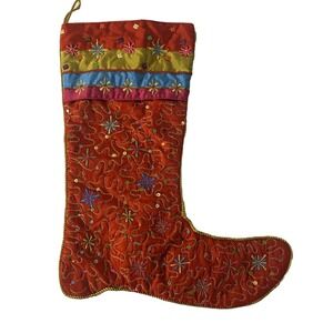 PIER 1 Imports Christmas Stocking Red Beaded Embellished Sequin Colorful Holiday